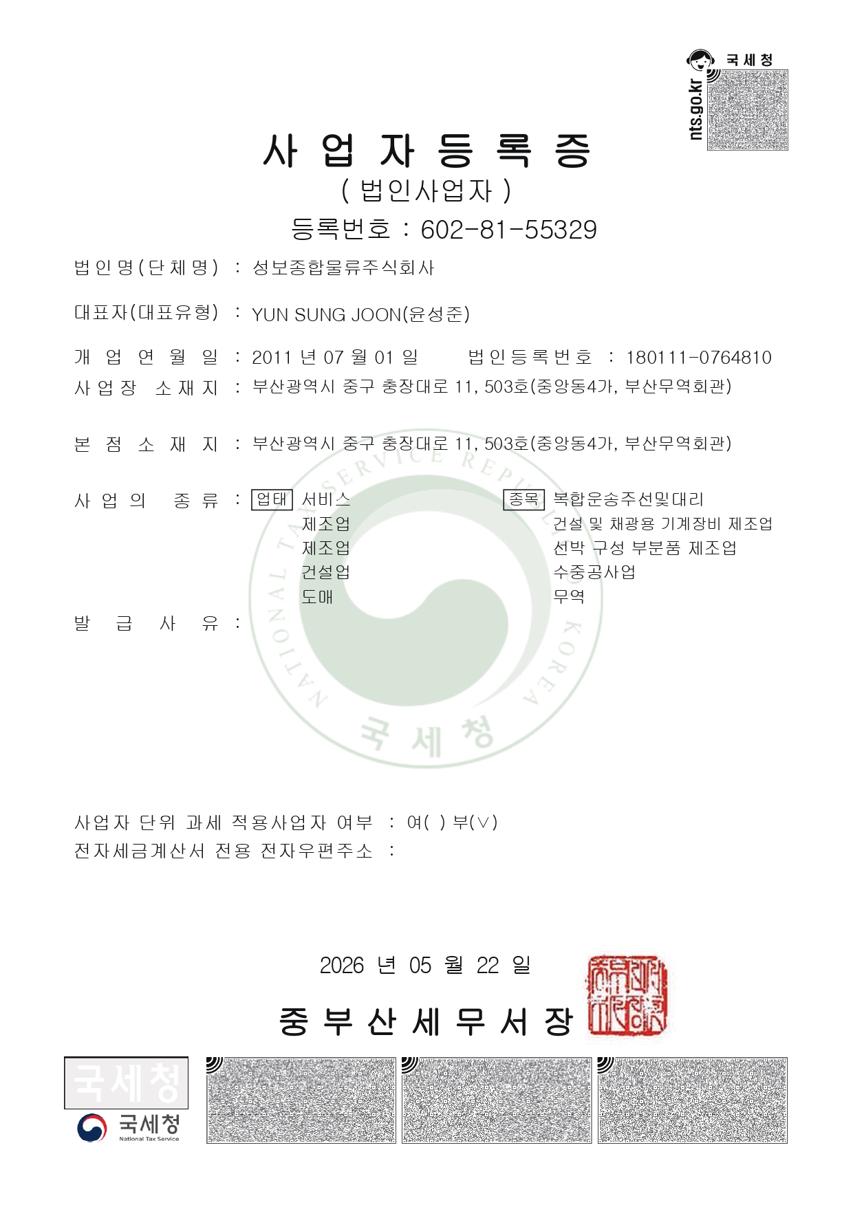 Certificate of Business Registration, 사업자 등록증